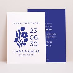 save the date card with blue and white flowers