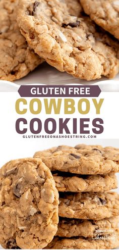 gluten free cowboy cookies stacked on top of each other with text overlay