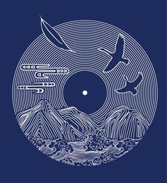 an image of a record with mountains in the background and birds flying around it, on a dark blue background