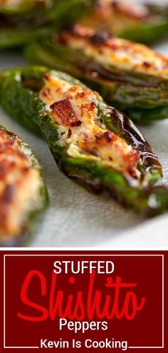 stuffed shishito peppers on a baking sheet with text overlay