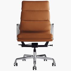 a brown office chair with chrome frame and leather upholstered seat, viewed from the front