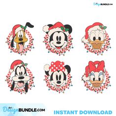 mickey and minnie mouse christmas stickers with santa hats, bows and polka dots on them