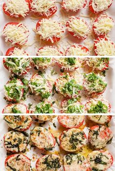 several different pictures of tomatoes with cheese and herbs on them