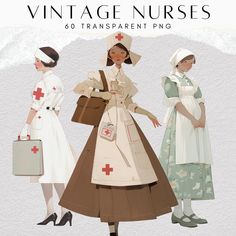 three women dressed in vintage nurse uniforms and holding suitcases, with the caption vintage nurses 60 transparent png