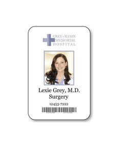 an id badge with the name of a woman who is in grey - gray hospital