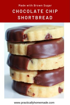 three chocolate chip shortbreads stacked on top of each other with text overlay