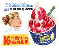 an advertisement for dairy queen ice cream featuring a woman with strawberries in a cup