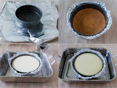 four pictures showing how to make an upside down cake in a pan with tin foil