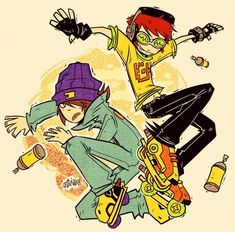 two young men riding skateboards next to each other on top of one another with their hands in the air