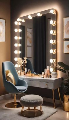 a dressing table with a mirror, stool and lights in the corner next to it