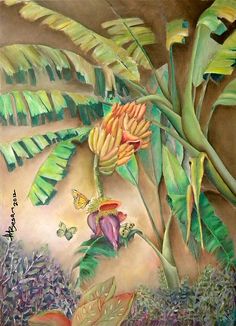 an oil painting of bananas and other tropical plants with butterflies on the tree branch in the foreground