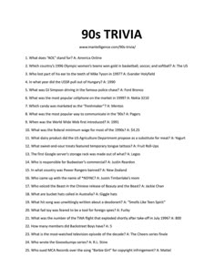 a page from the book'90s trivia'with text in black and white