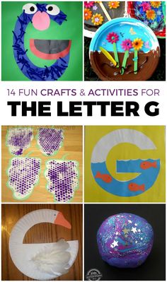 crafts and activities for the letter g with text overlay that reads, fun crafts & activities for the letter g