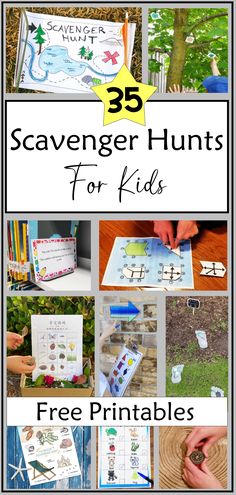 The image shows ten images of various scavenger hunts.  From a pirate type map, to outdoor hunts in trees to printable lists and puzzles, the images show both hands on scavenger hunts and printable pages. Treasure Hunt Kindergarten, Preschool Treasure Hunt, Scavenger Hunt Ideas For Kids Birthday, Treasure Hunt Clues For Kids Outdoor, Outdoor Scavenger Hunt Ideas For Kids, Treasure Hunt Games For Kids, Scavenger Hunt Ideas For Kids Outdoor, Adventure Activities For Kids