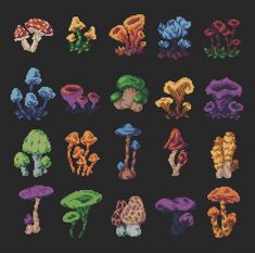 cross stitch pattern with different types of mushrooms and plants on the black background, for use in video games or as wallpapers