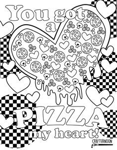 a heart shaped pizza with hearts and checkered background for valentine's day coloring pages