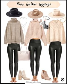 Fall Outfit With Fedora Hat, Cute Faux Leather Legging Outfits, H&m Turtleneck Sweater, Beige Hat Outfit Fall, Taupe Hat Outfit, Black Fall Hat Outfit, Outfits With Hats For Women Fall, Fedora Women Outfit, Taupe Bodysuit Outfit