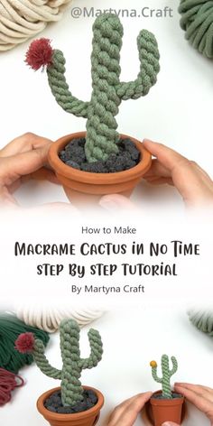 crocheted cactus in a pot with text overlay how to make macrame cactus in no time step by step