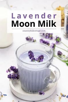 lavender moon milk in a glass mug on a plate