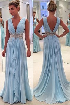 Pleated Chiffon Prom Dress With Beaded Waist on Luulla Shoulder Beads, Sky Blue Prom Dress, Charming Woman, High Low Evening Dresses, Prom Dresses Off The Shoulder, Ruffle Prom Dress, Light Blue Prom Dress, Woman Dresses, V Neck Prom Dresses