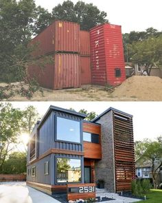 two pictures side by side with the same house made out of shipping containers on top