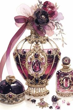 an ornate pink and gold vase with two matching perfume bottles