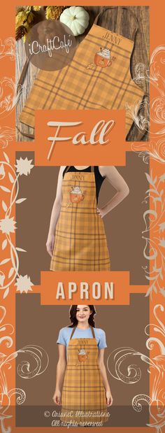 Pumpkin spice latte ochre and brown barista apron Orange Doodle, Doodle Mug, Brown Tartan, Employee Uniform, Personalized Aprons, Fabulous Fall