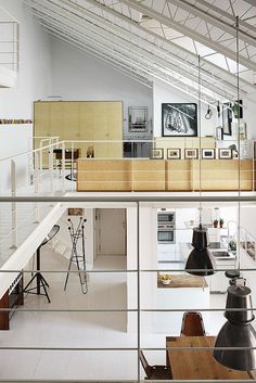 the interior of a loft apartment with white walls