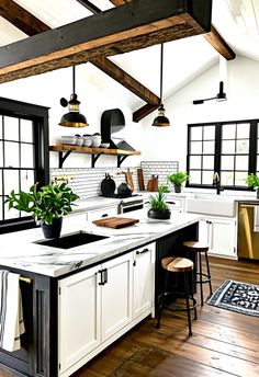 #FarmhouseKitchen #USAStyle #WoodenPartition #RusticCharm #NaturalDecor This USA-inspired farmhouse kitchen combines rustic wooden beams with open space. Reclaimed wood adds charm, while white shaker cabinets and brass fixtures bring a vintage look. Ideal for rustic decor lovers, this kitchen merges coziness and function with ample natural light. Wooden Beam, White Shaker Cabinets