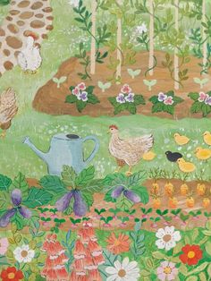 a painting of chickens and ducks in a flowery garden with watering can, flowers, and trees