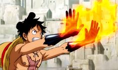 an anime character holding out his hand with fire in the background