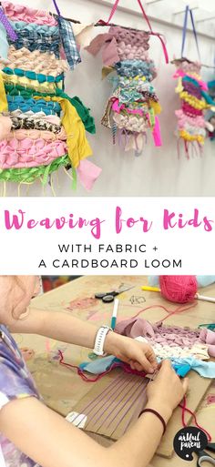 a woman working with fabric and scissors on a cardboard board that is being used to make weaving for kids