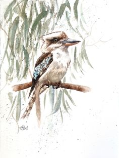 a watercolor painting of a bird sitting on a branch