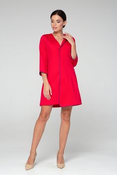 "A balzer dress featuring collared neckline, a-line silhouette, and a mini length. - asymmetrical collared v-neckline - a-silhouette - above the knee (mini) length - 3/4 sleeves - red edge - fully lined Color: dark blue Snap closure Main fabric: 45% viscose, 5% , 50% polyester Lining fabric: 95% viscose, 5% elastane For size S: dress length- 36 \" (93 cm) Our model wears size S (US 8) and is 171cm/5'6\" tall. You may feel free choosing the size. Just send us your measurements (bust, waist, hips, A Line Red Dress, Smart Casual Dresses, Smart Casual Women Dress, Dress Smart Casual, Skater Dresses Casual, Dress Smart, Smart Casual Dress, Uniform Dress, Geometric Dress