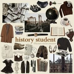 a collage of different items including shoes, books and other things that are on display