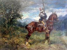 a painting of a man riding on the back of a brown horse in a field