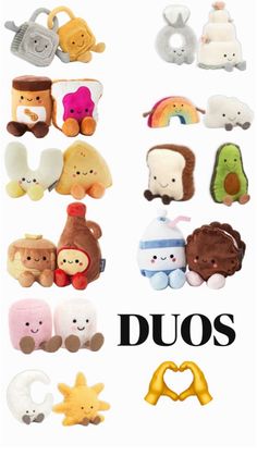 various stuffed animals with the words duos written below them