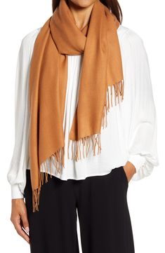 Long fringe tips a tissue-weight scarf woven in a soft blend of wool and cashmere. 28" x 74"; 3" fringe. 70% wool, 30% cashmere. Dry clean. By Nordstrom; imported. Buffalo Plaid Scarf, Plaid Shawl, Cable Knit Scarf, Over 60 Fashion, Cashmere Wrap, Long Fringe, 60 Fashion, Knit Infinity Scarf, Pashmina Scarf