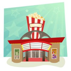 an illustration of a movie theater with popcorn on the roof and people standing outside it