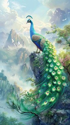 a painting of a peacock sitting on top of a tree