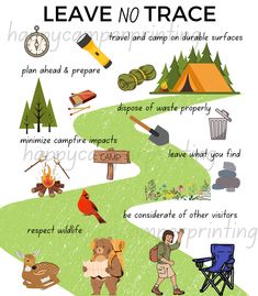 a poster with the words leave no trace on it and pictures of camping related items