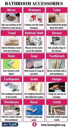 the bathroom accessories list is shown in pink and white, with words describing how to use them