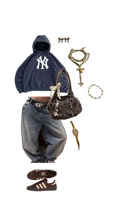 Outfit inspo trippy streatwear ny yankees new york Ny Yankees, Fall Fits, Lookbook Outfits, Streetwear Outfit