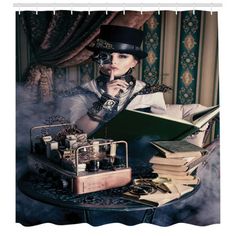 a woman in steampunk clothing holding a magnifying glass next to a stack of books