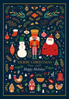 a christmas card with santa claus and other holiday items in the center, on a dark blue background