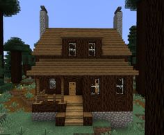 a house in the woods with stairs leading up to it's front door and windows