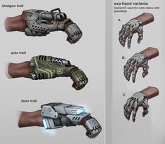 the different types of gloves are shown in this image, including one with glowing hands