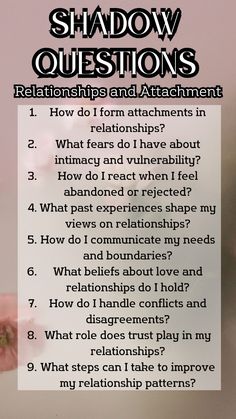 Explore shadow work questions to deepen your understanding of relationships and attachment. Reflect on your relationship patterns, fears of intimacy, and communication styles. Empower yourself to set healthy boundaries, improve emotional connections, and foster meaningful relationships. Discover insights into your relational dynamics and cultivate supportive connections that enrich your life. Build stronger, more fulfilling relationships grounded in trust and mutual respect. 🌸🌟 Shadow Work For Relationships, Shadow Questions, Fear Of Relationships, Shadow Work Questions, Relationship Patterns, Shadow Journal, Work Questions, Nurturing Relationships, Shadow Work Spiritual