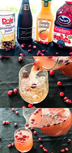 two shots being poured into glasses with cranberries on the table