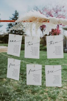 the seating cards were hung on a string with feathers hanging from it's ends